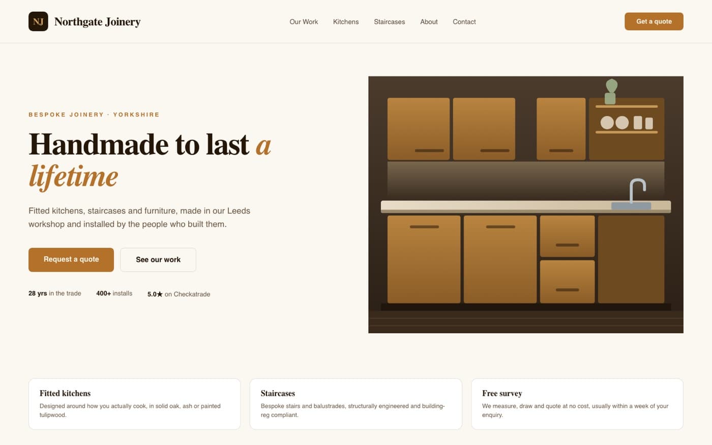 A fitted-kitchen website we designed, shown on desktop